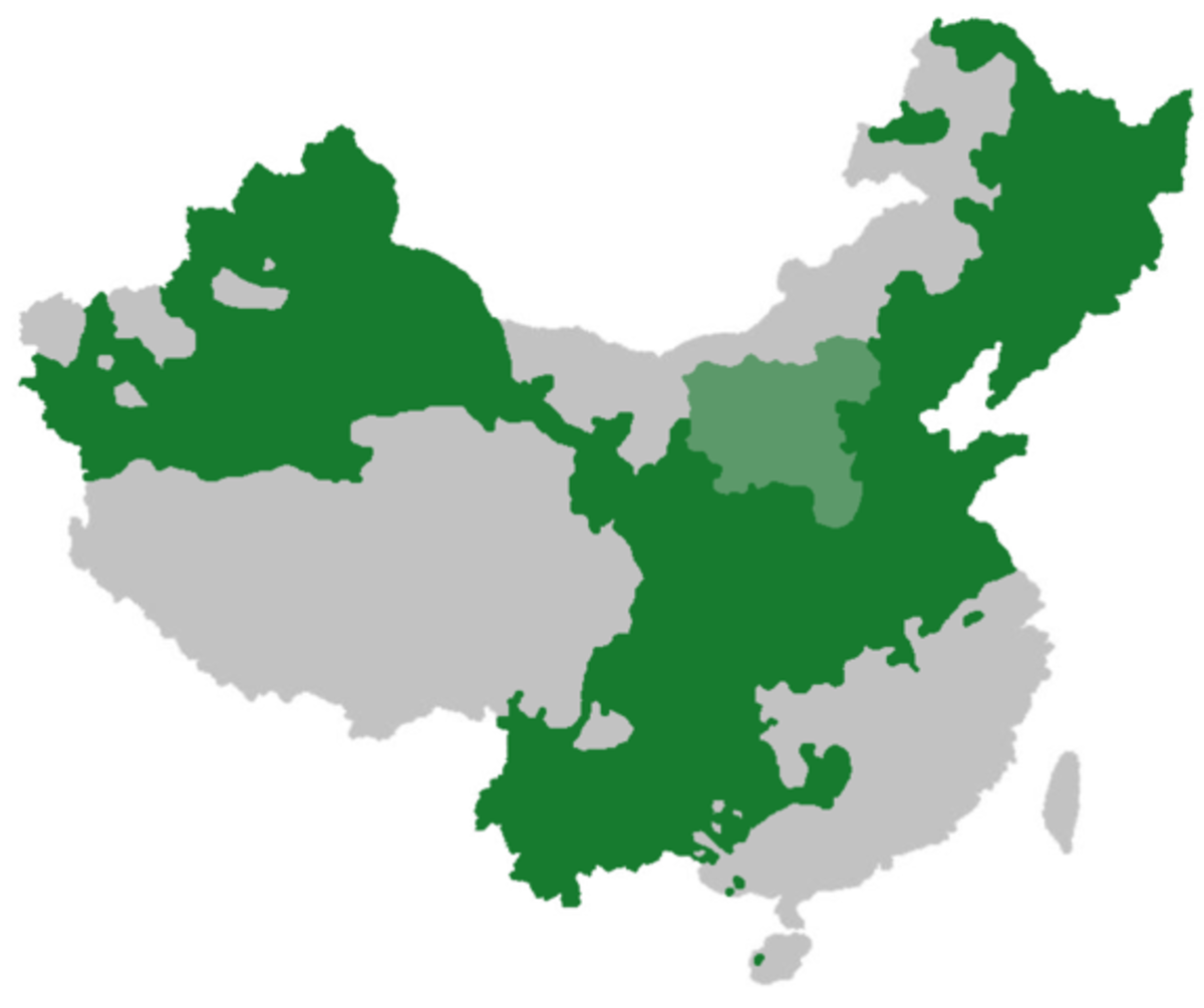 Regions in Mainland China where Mandarin Chinese is the native language/dialect (dark green)