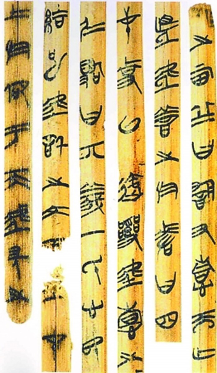 Old Chinese writing on bamboo strips dating back to the Warring States Period (475 - 221 BC)