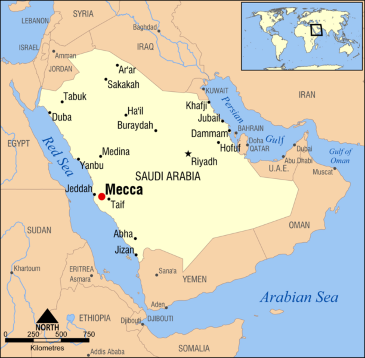 Map marking both Makkah and Madinah