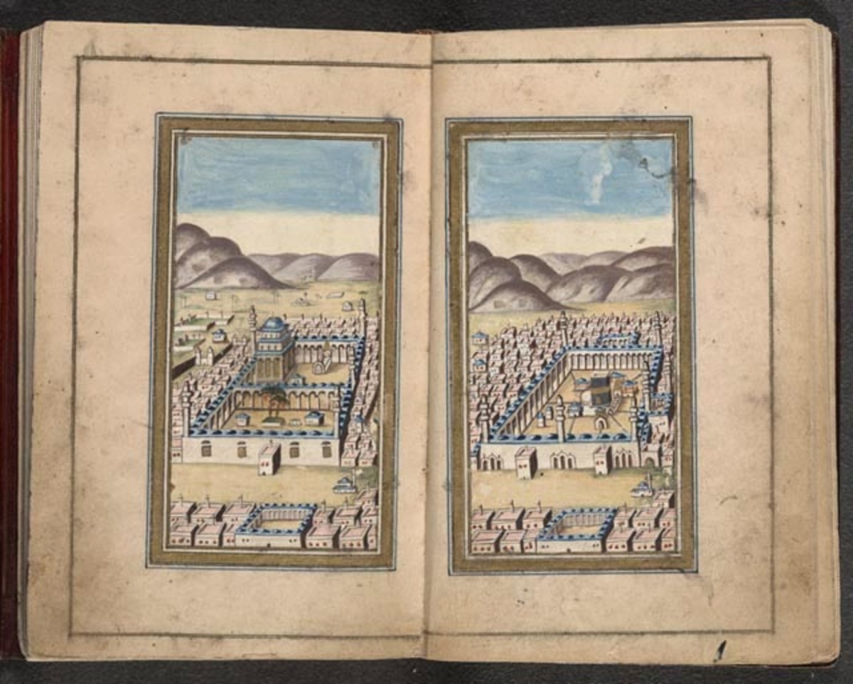 The Prophet's Mosque in Madinah is depicted on the left and the Sacred Mosque in Makkah is shown on the right.