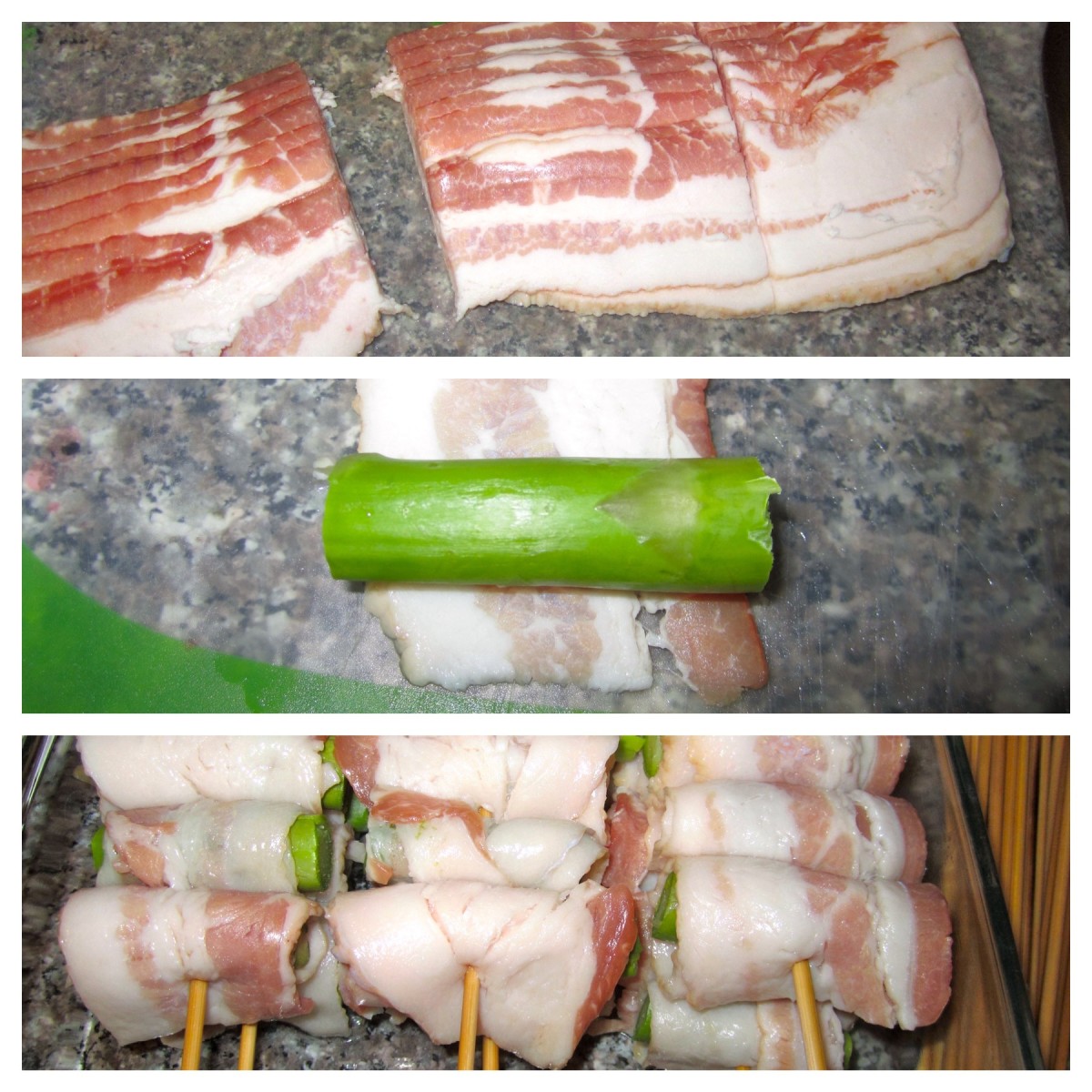 Top: Cut bacon (into thirds) that has been chilled in the freezer. Middle: One piece of asparagus that is being wrapped in one piece of cut bacon. Bottom: Skewers ready to be placed on the grill.