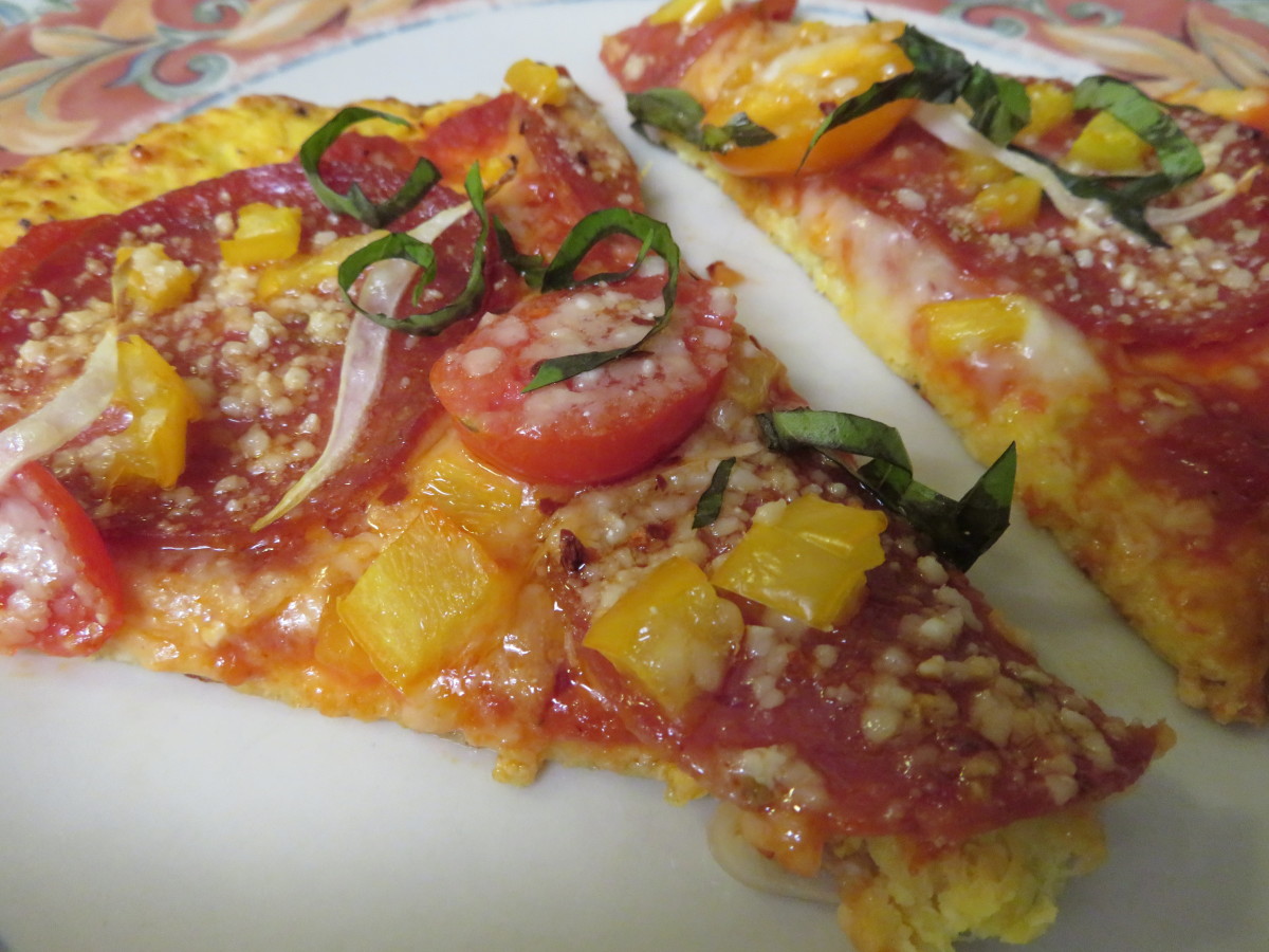 Two slices of homemade pizza with spaghetti squash crust