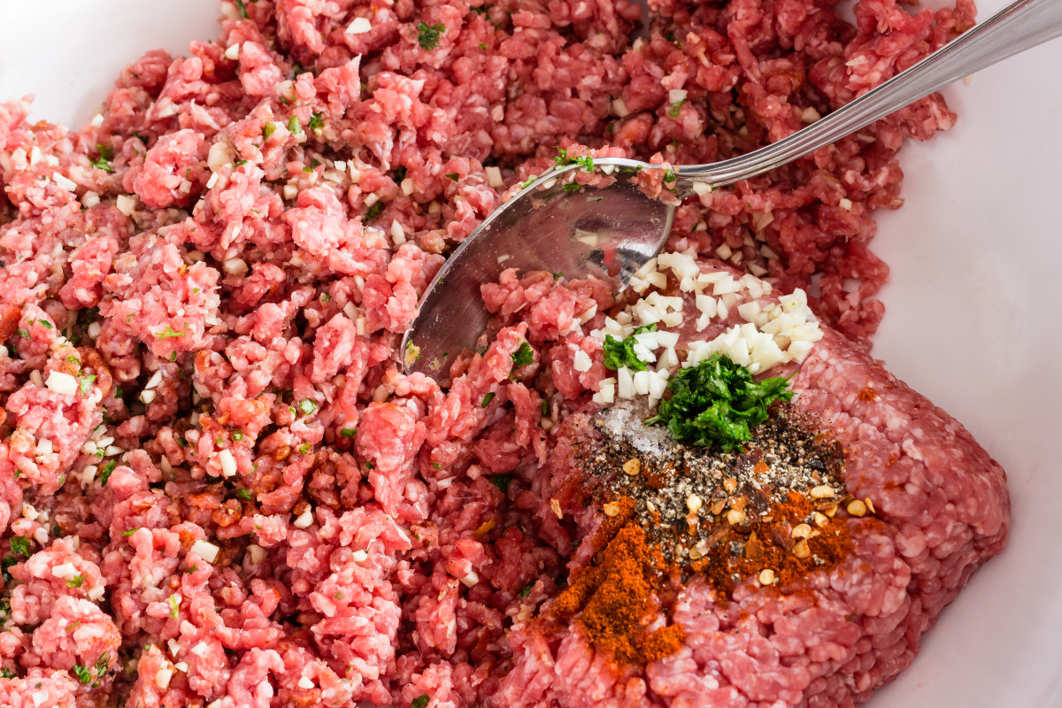 In a bowl, combine the ground meat and all of the spices.