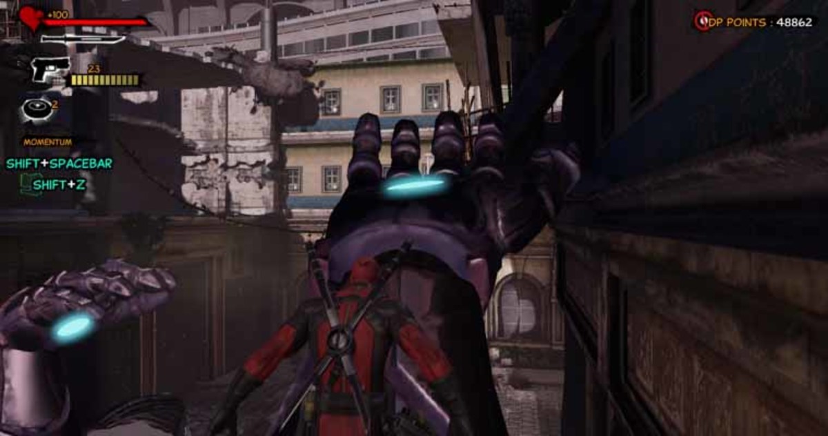 Deadpool use the power cells on the two Sentinel arms so that they are relatively aligned. In this way, Deadpool can jump up and get the first sentinel part.