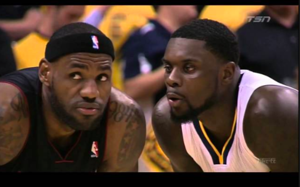 The infamous "Lance blows in LeBron's ear" picture from the 2014 Eastern Conference Finals