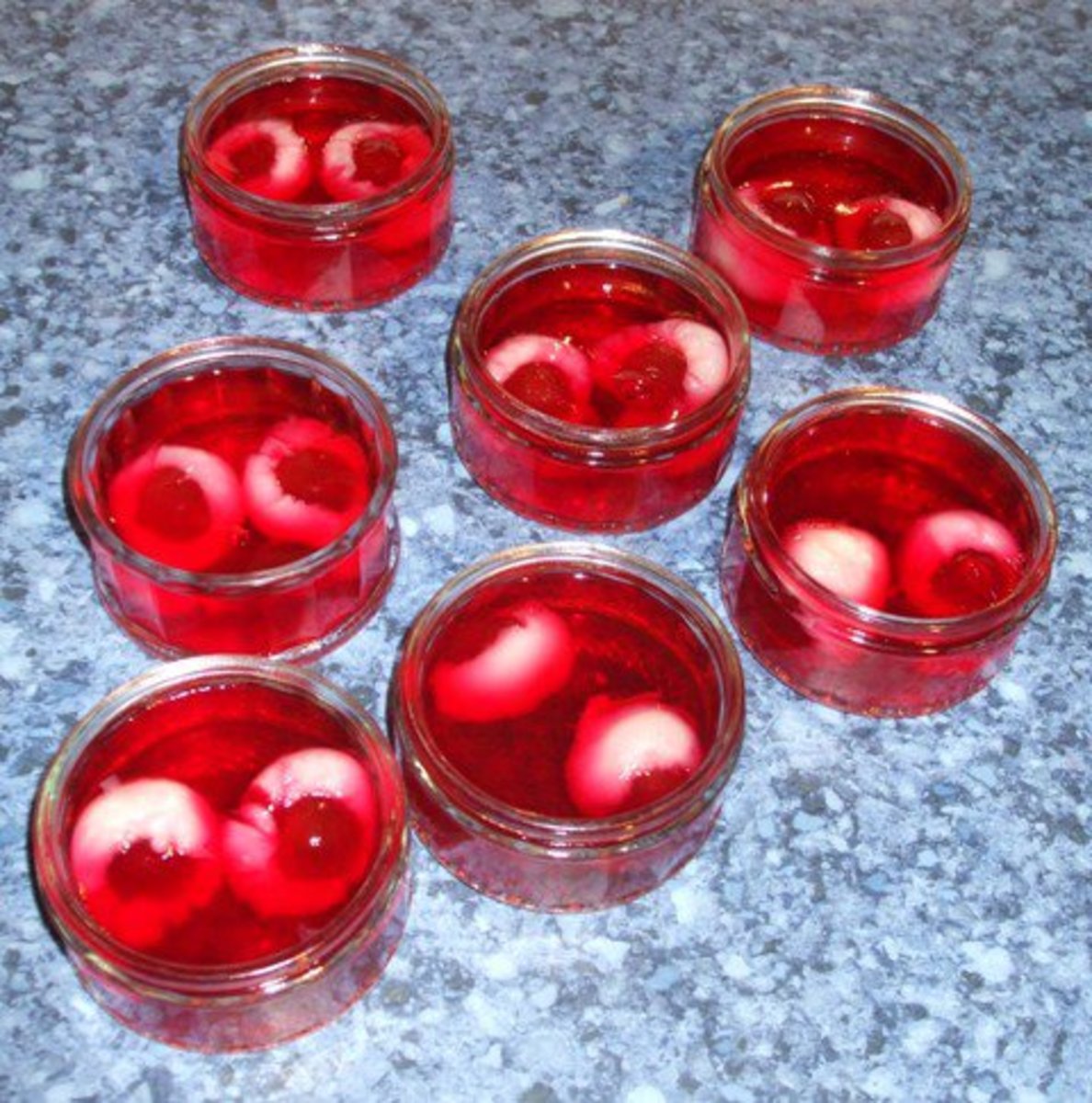 "Eyeball Jellies", made with tinned lychees stuffed with glacé cherries
