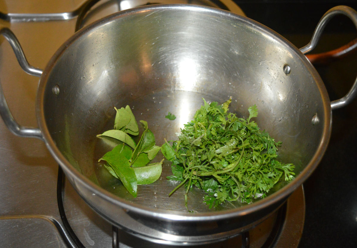 Add curry leaves and coriander leaves. Saute until the curry leaves are cooked. Turn off the heat.