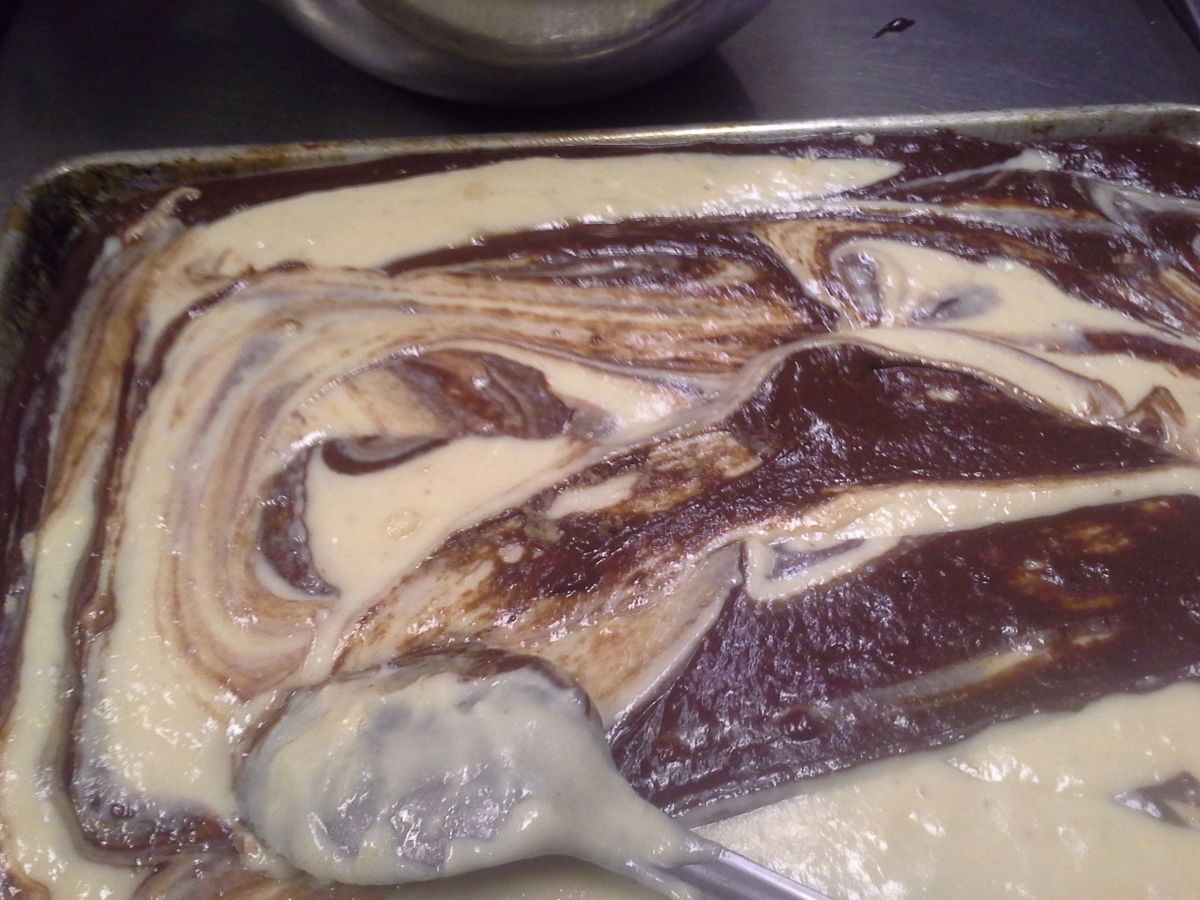 Gently pull the chocolate to the top with a big spoon. Remember, over mixing will turn it all to a chocolate brownie.