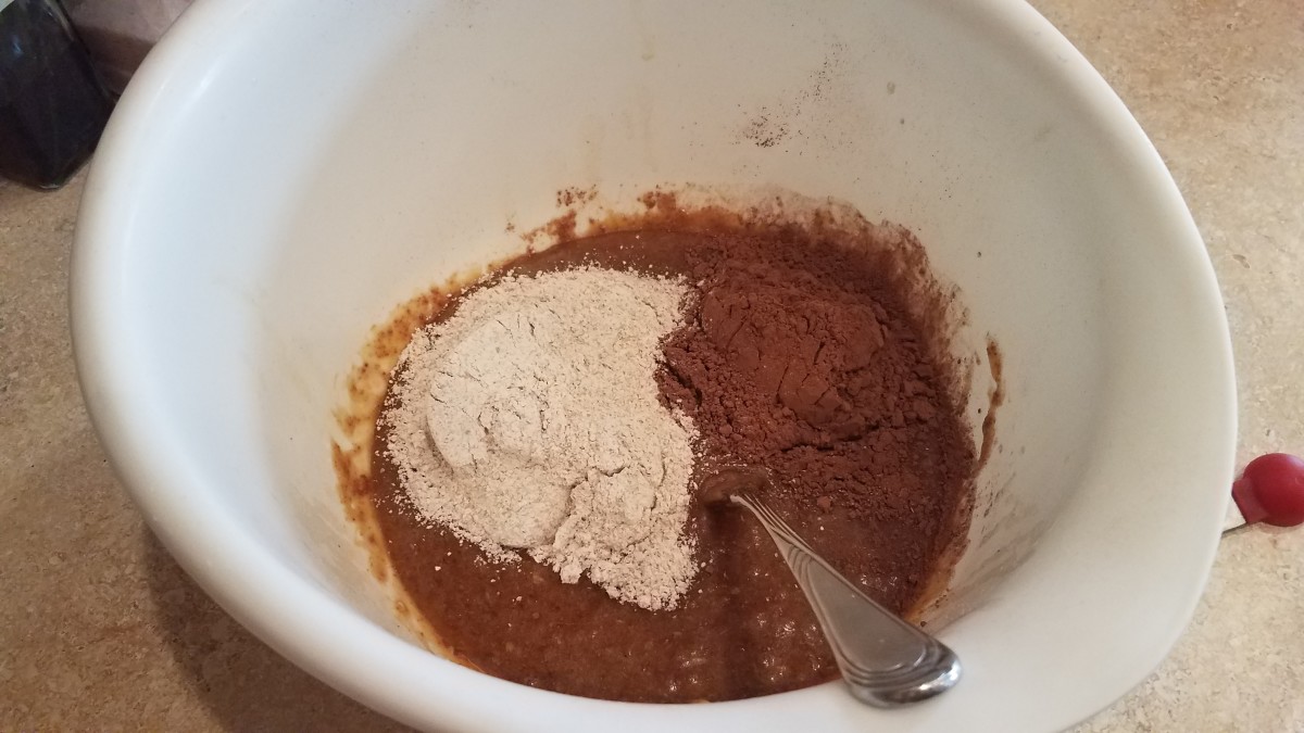 Finally, add your vanilla, baking powder, flour, and cocoa powder.