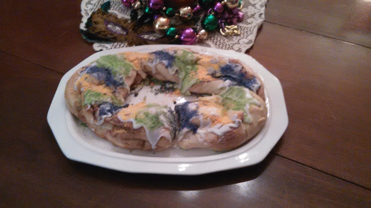 Homemade king cake using the recipe of Haydel's bakery in New Orleans.