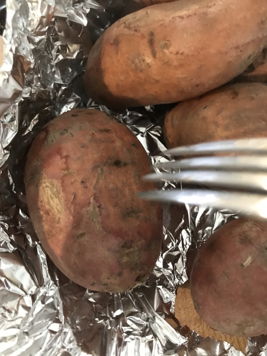 Roasting the potatoes until they are soft enough to pierce easily with a fork helps develop richer flavor than boiling does. The natural sugars caramelize inside the skins, and the sweet potatoes retain better flavor.