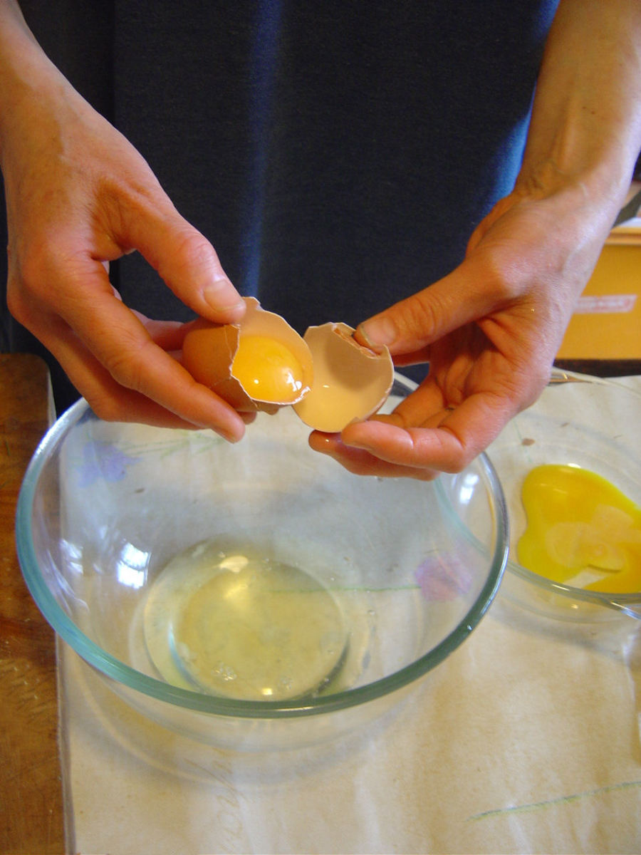 Separate the eggs carefully ensuring that no yolk gets into the egg whites