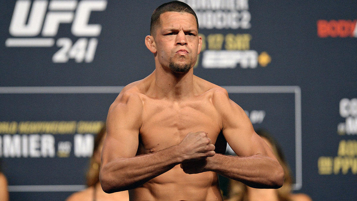 Nate Diaz at the weigh-in of his co-main event bout against Anthony Pettis at UFC 241.
