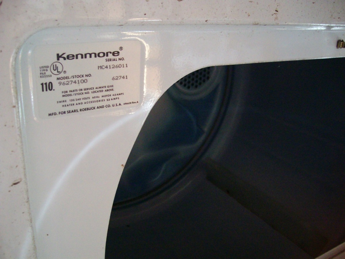 Here is the location of the model number on a Kenmore dryer.