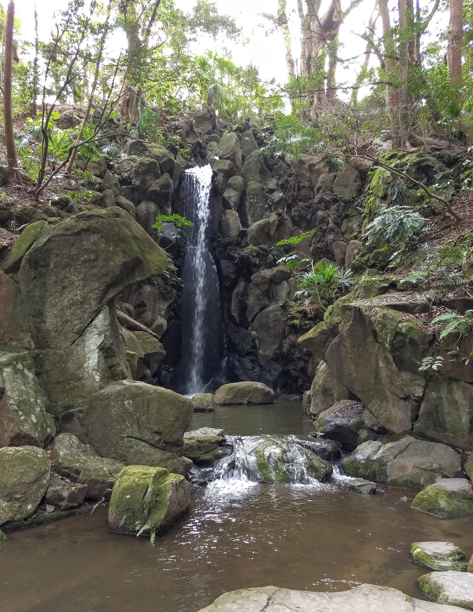 Soothing waterfall at Naritasan Park.