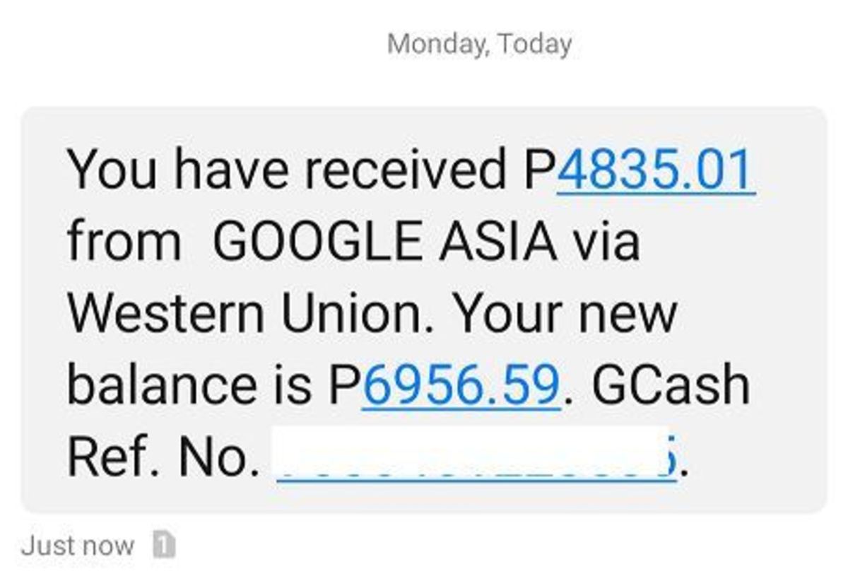 SMS notification of successful AdSense transfer to GCash