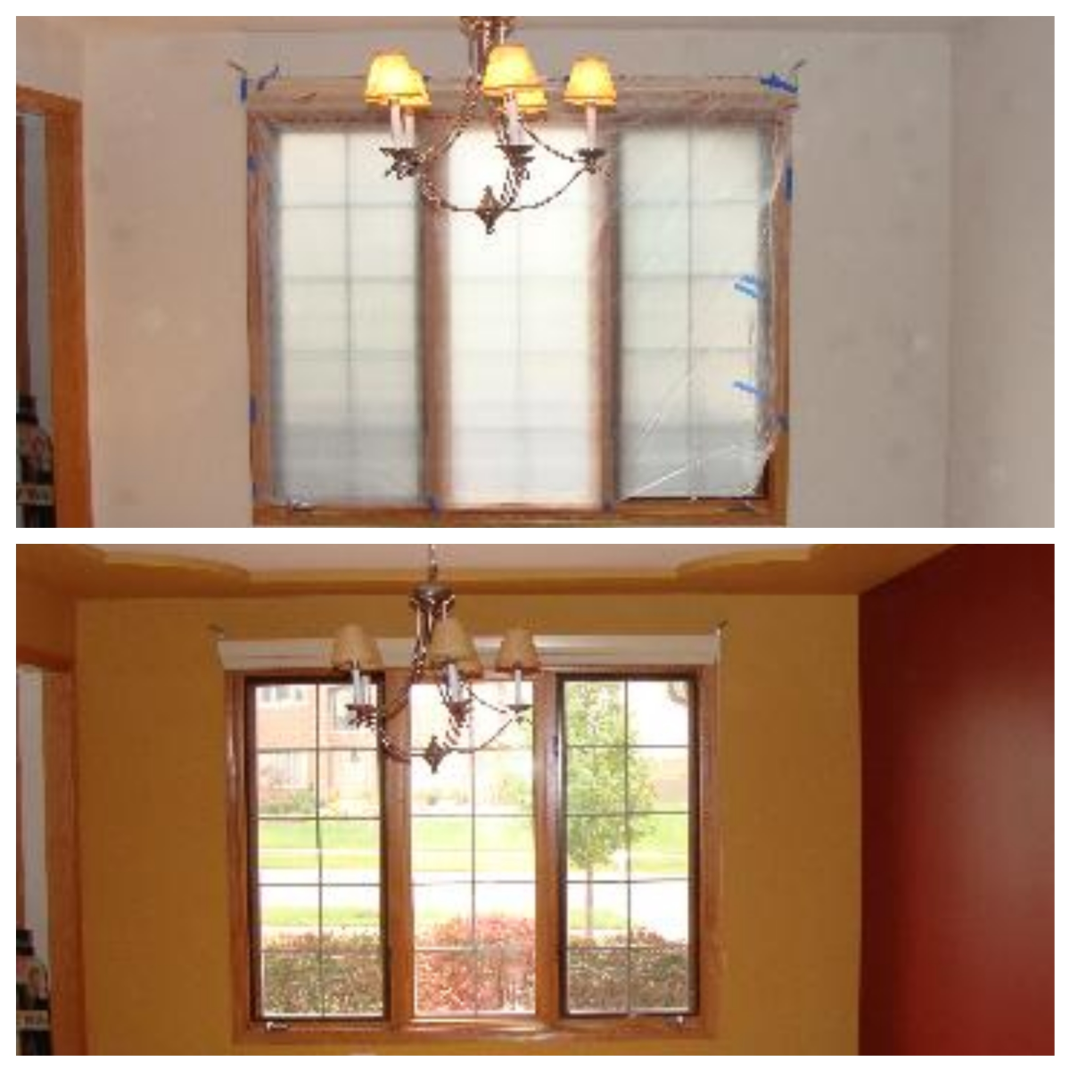 Before and after photos of a dining room I painted gold with a red accent wall. 