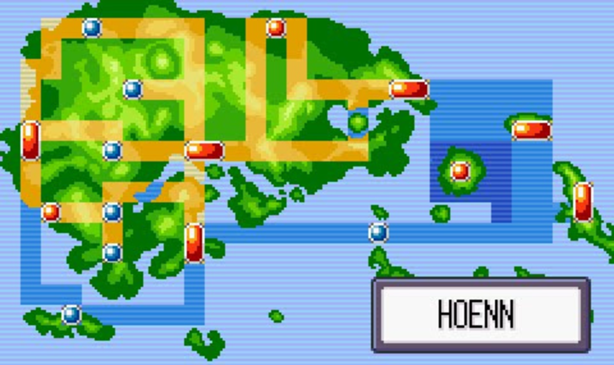 A Map of Hoenn, the region that "Ruby and Sapphire take place in. All the paths in blue are water routes.