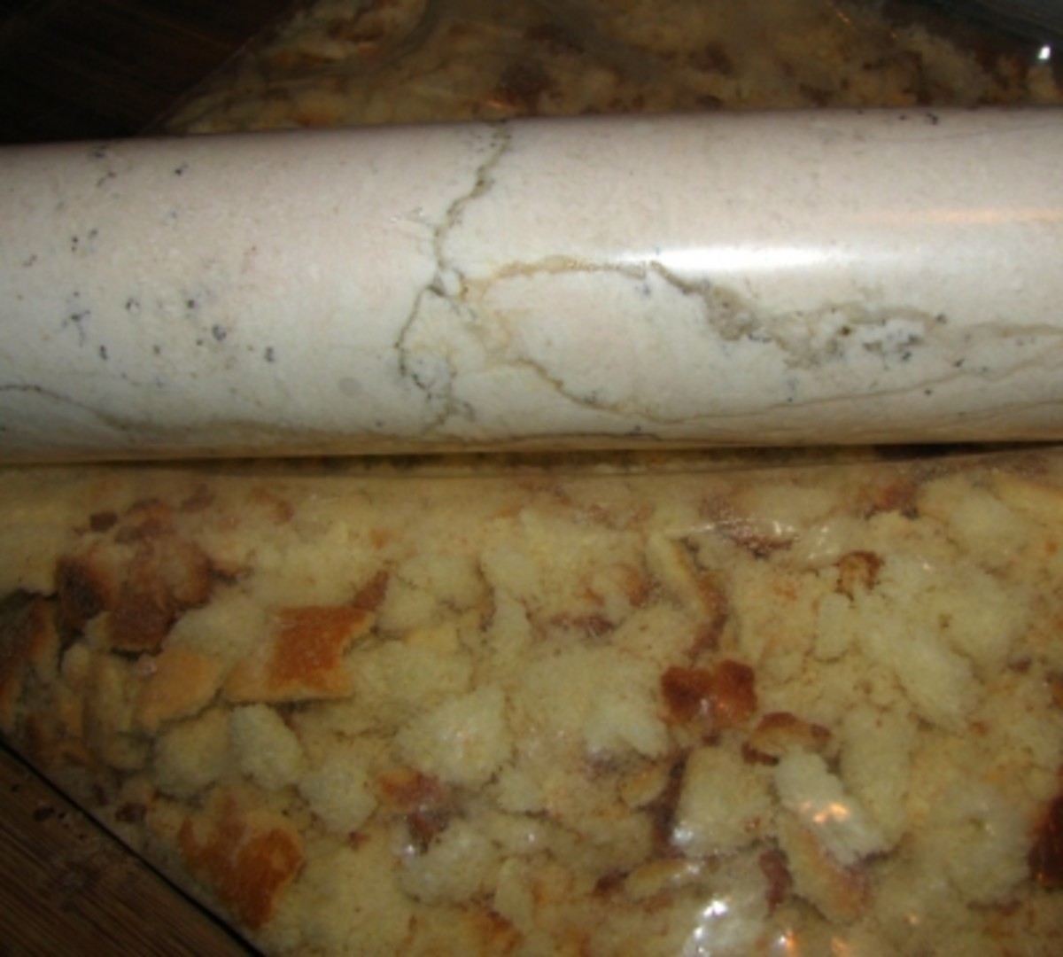 A marble rolling pin makes disassembling bread crumbs a lot of fun!