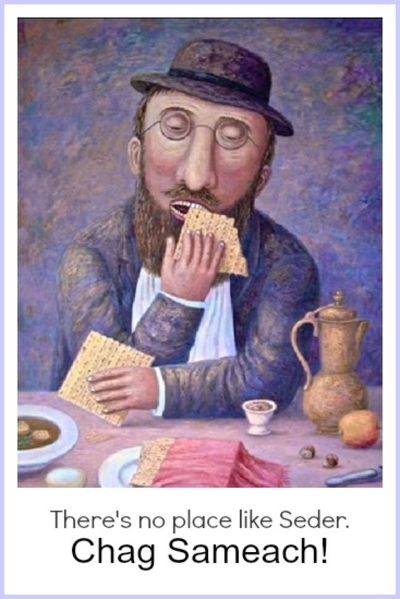 Happy Passover with Man Eating Matzah at Seder Table