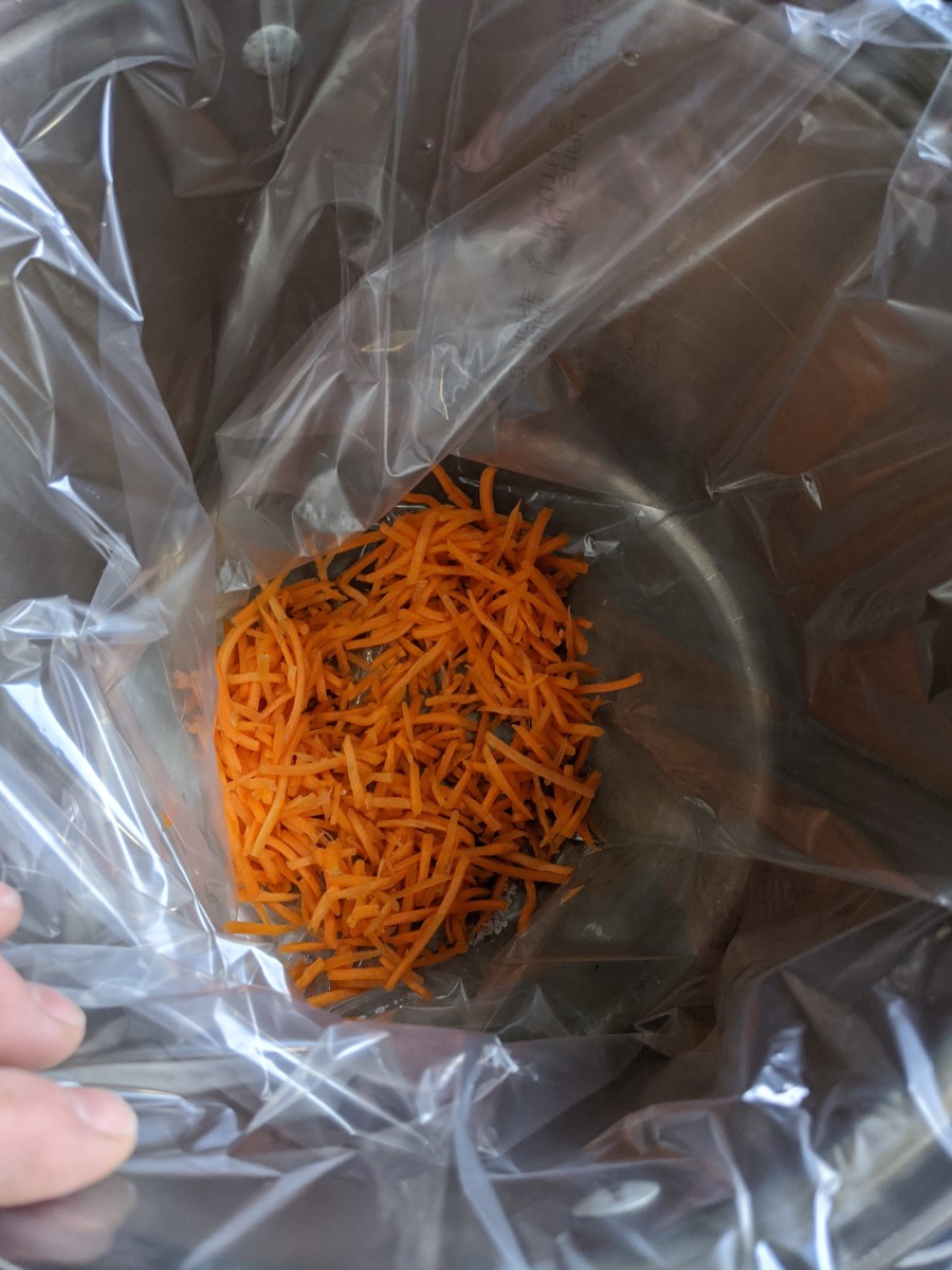 Matchstick carrots. Start with carrots for the first layer in bag.