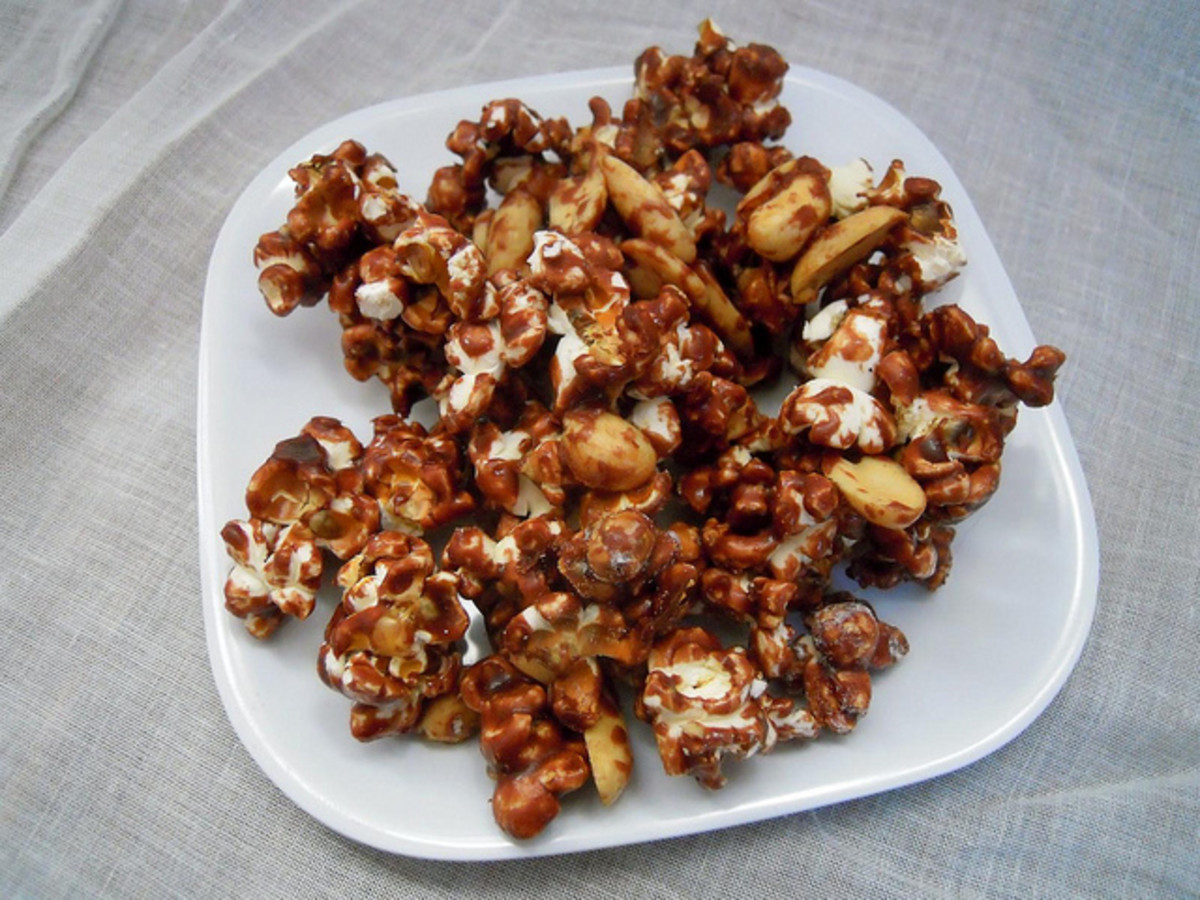 Chocolate covered peanuts and popcorn.