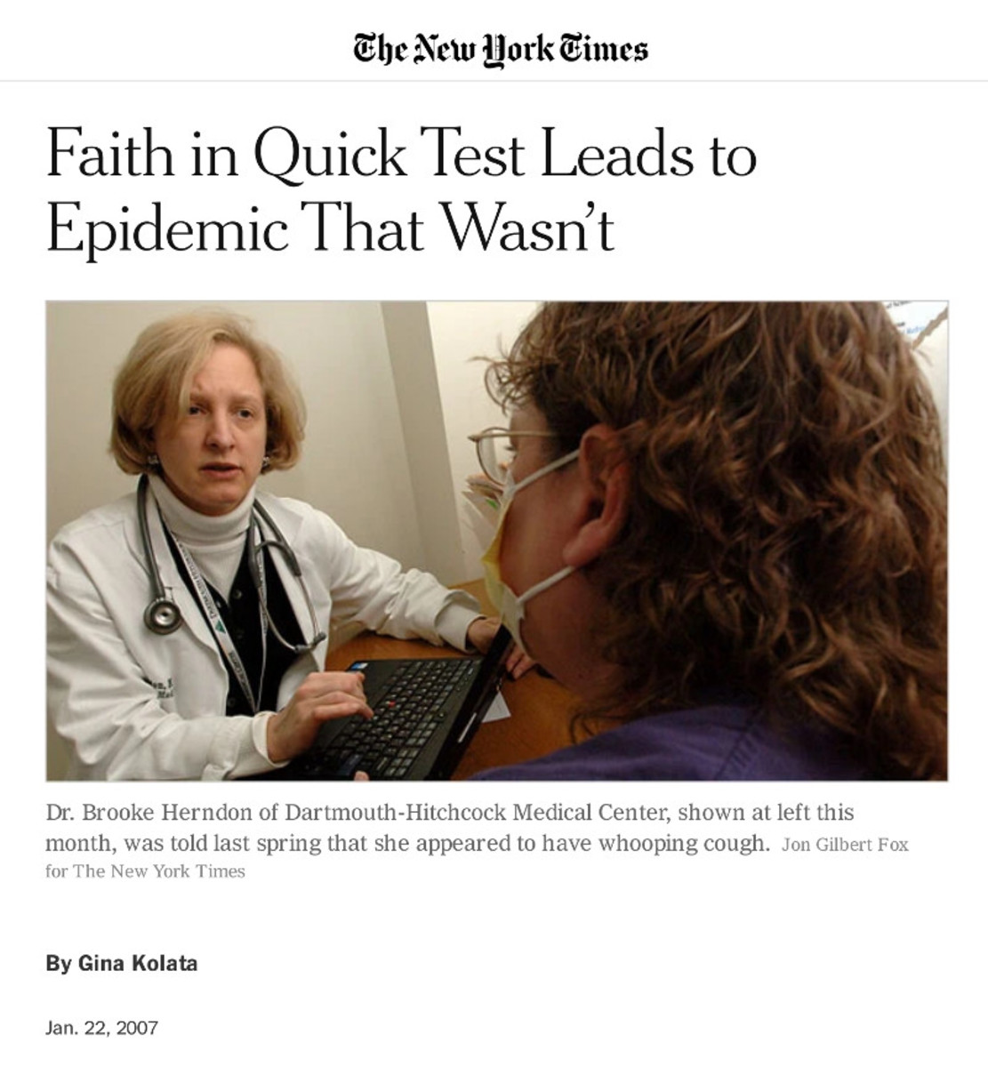 Headline image of New York Times 2007 article about false whooping cough epidemic, captured by R. G. Kernodle from the archived article online