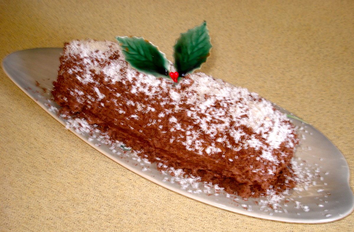 The Completed Yule Log Cake Decorated with Holly