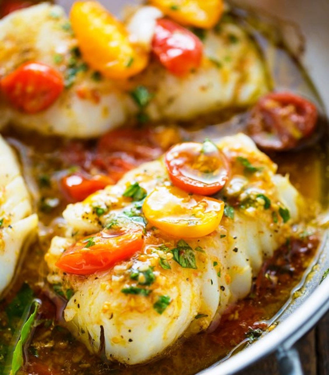 Pan-seared cod in white wine tomato basil sauce