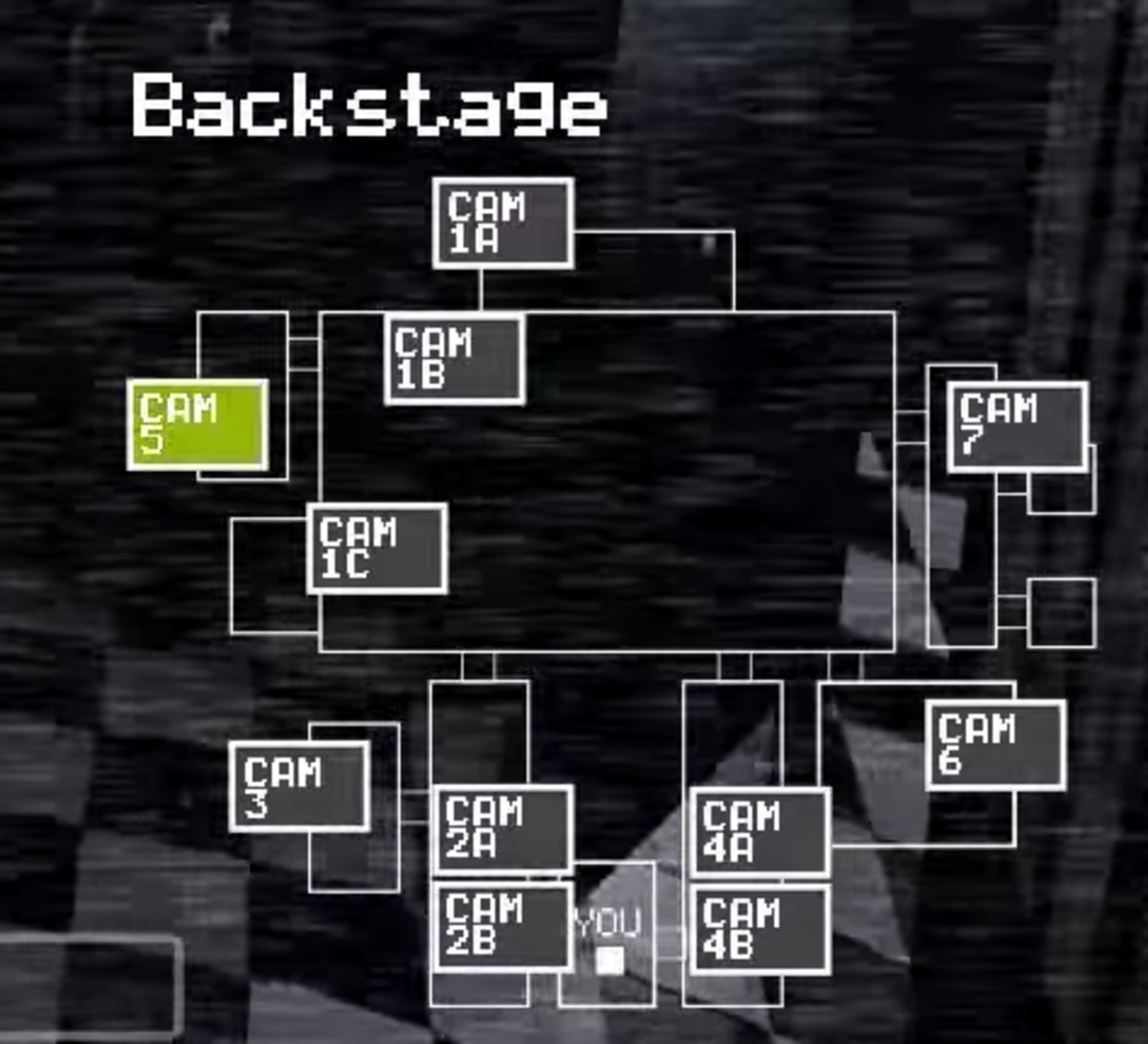 The camera feeds for Five Nights at Freddy's. Note that these are arrayed geographically, allowing you to sometimes predict where an animatronic will appear next after moving.