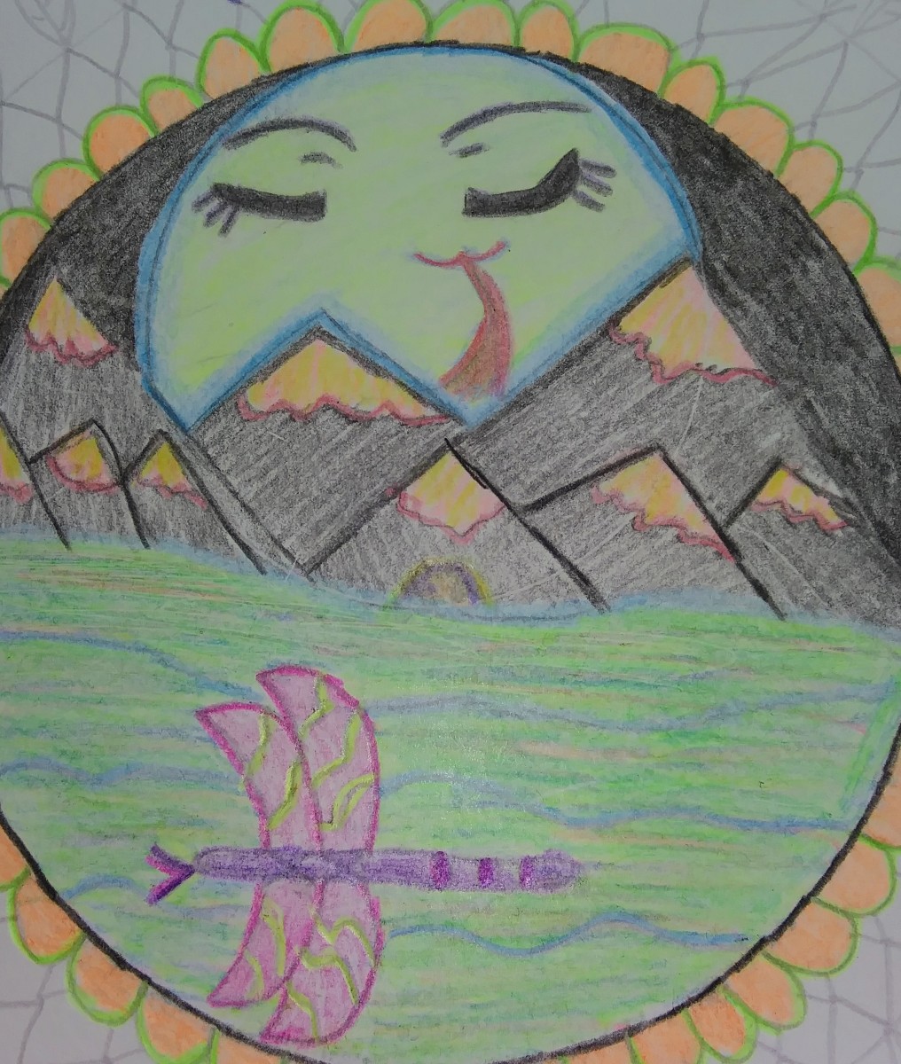 一幅曼荼罗，画着蜻蜓和山后的月亮。