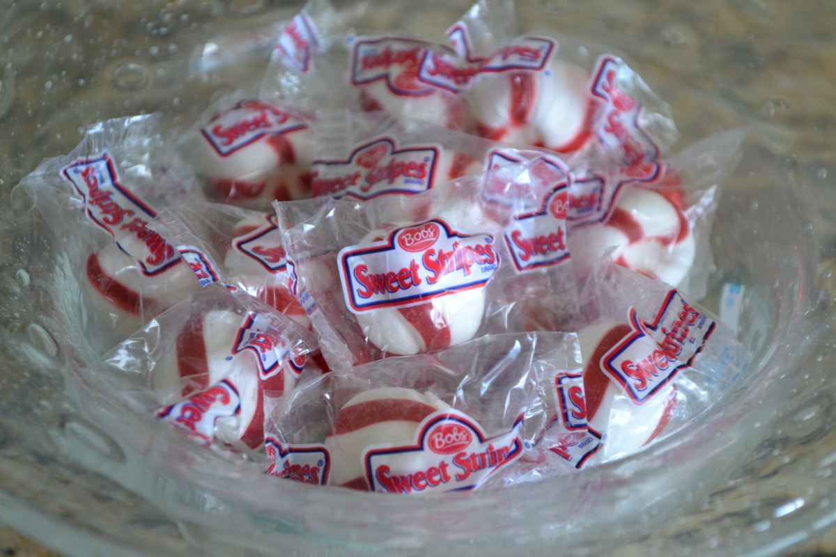 Bob's "Sweet Stripes" are semi-soft and slightly crunchy. They're perfect for this cake because they are softer and easier to chew than standard hard peppermints. They also crush more easily -- but remember to unwrap them before crushing.