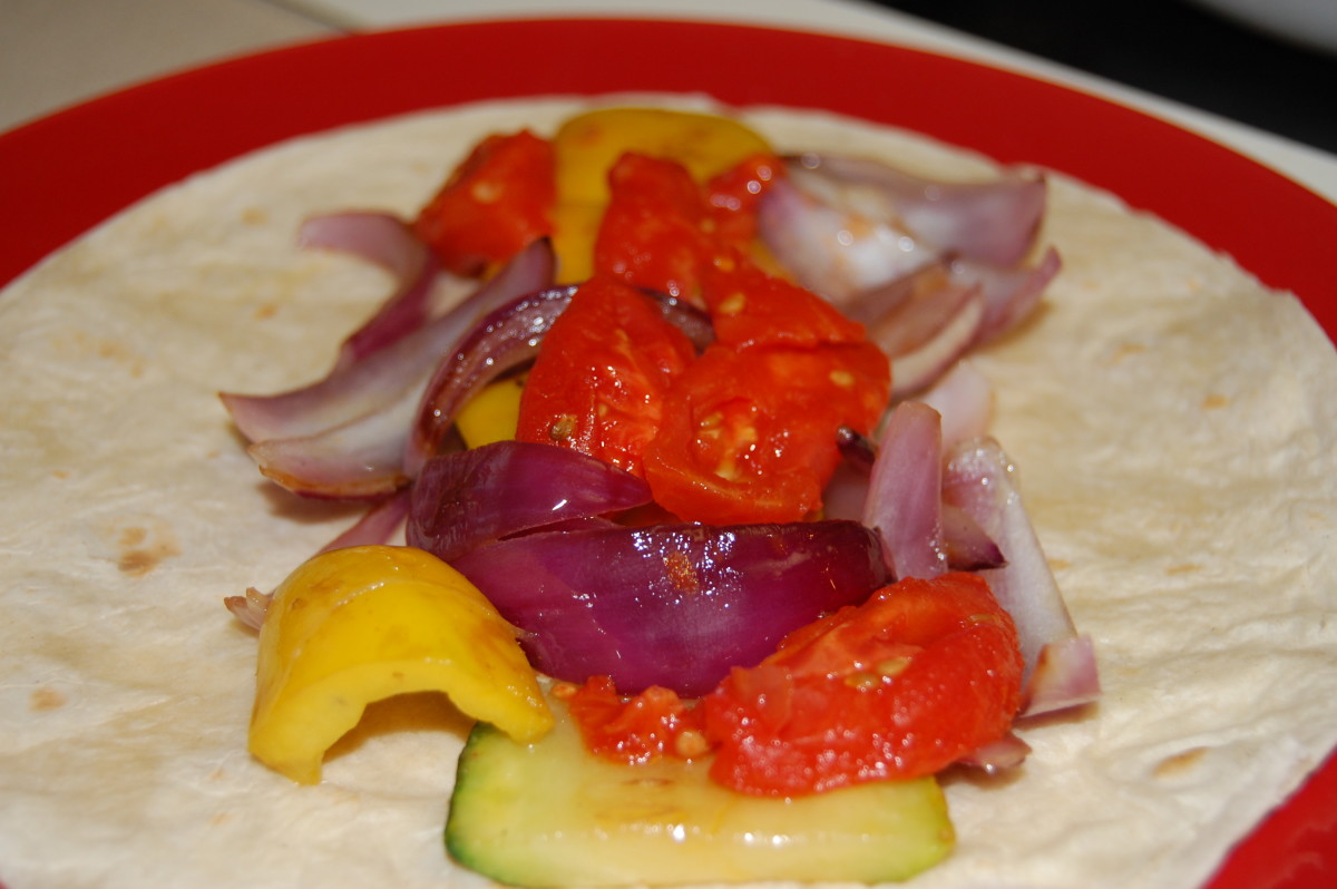 Grilled zucchini, purple onions, yellow peppers, and tomatoes
