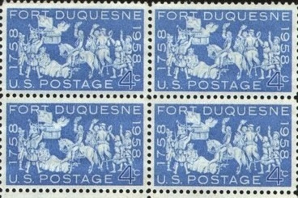 Block of four 1958 4-cent U.S. postage stamps commemorating the bicentennial of the fall of Fort Duquesne.