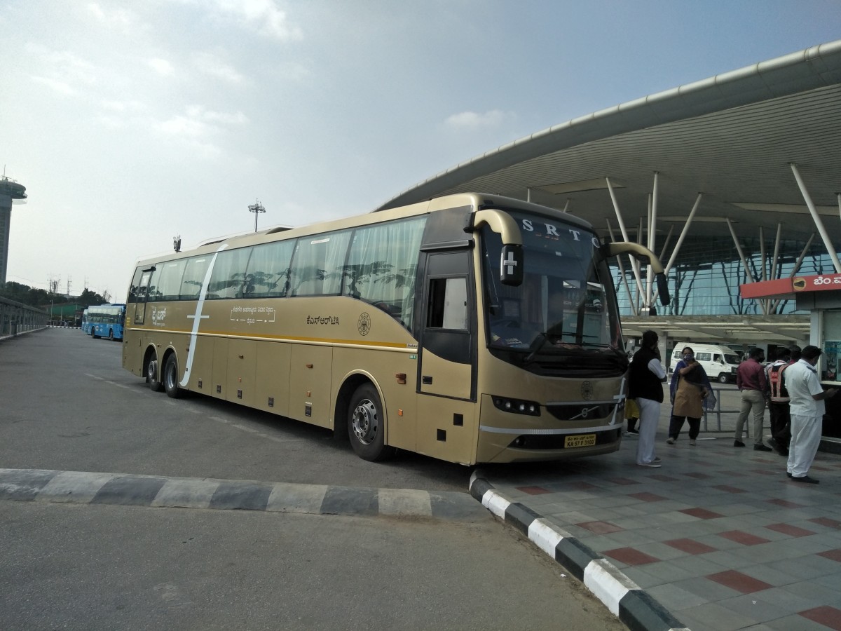 KSRTC's Flybus to Mysuru parked at Kempegowda International Airport's BMTC Bus Terminal