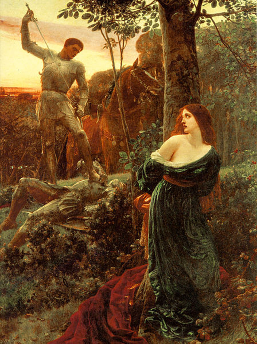 Frank Dicksee "Chivalry" 1885 depicts a knight and the rescue of his fair maiden.