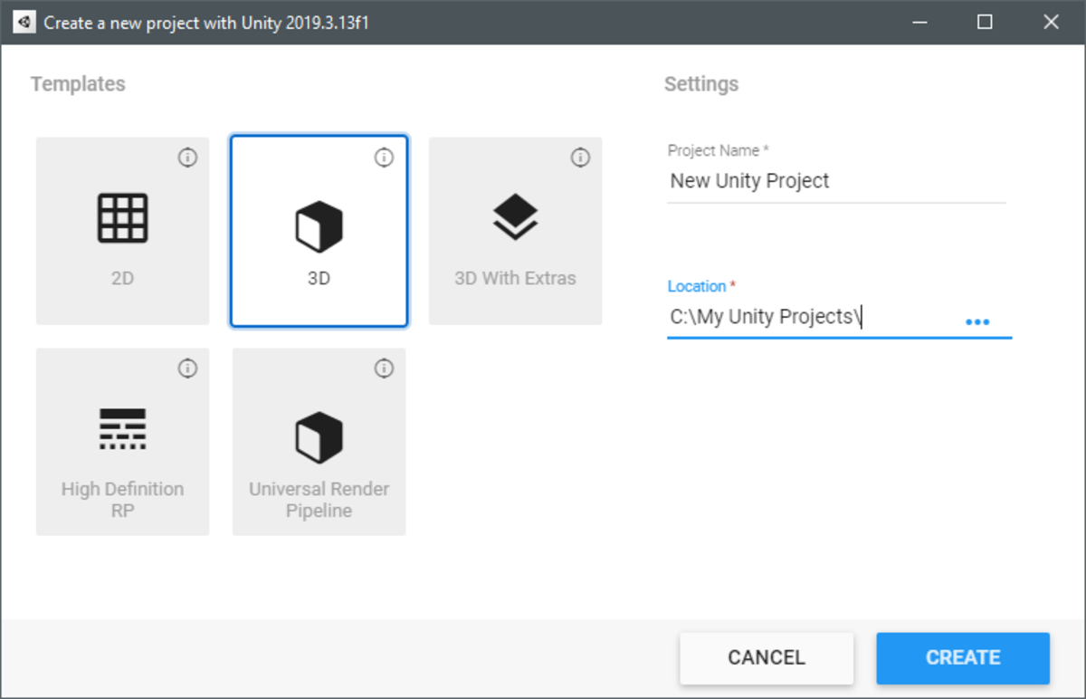 The new projects window lets you select the project template you want to use, as well as the name of your project and the location you want the project files to be stored in.