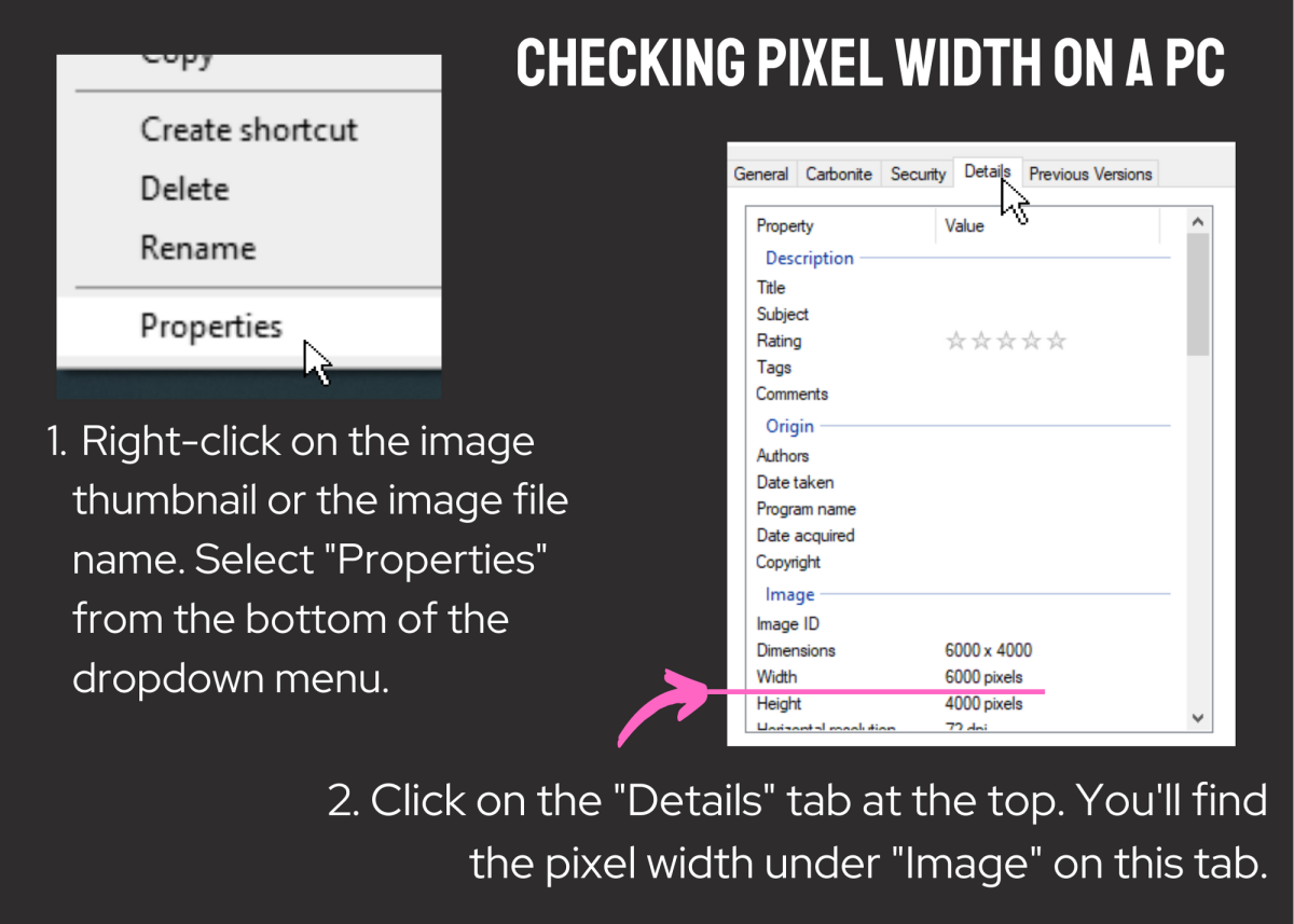 These screenshots show how to find the pixel width of an image on your PC.