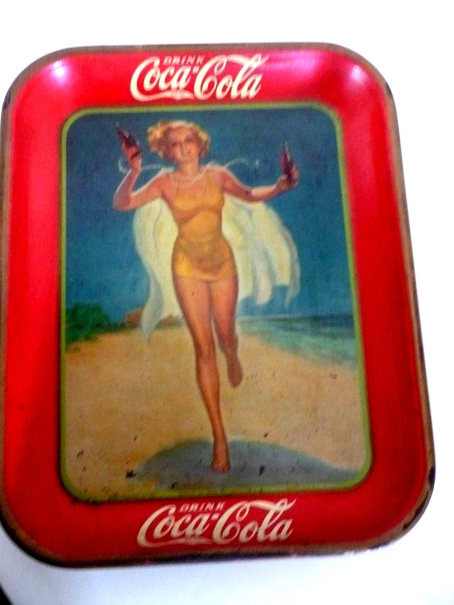 1937 Coca Cola Metal Tray with Blond Running on a Beach in a One Piece Swim Suit Carrying a Bottle of Coca Cola