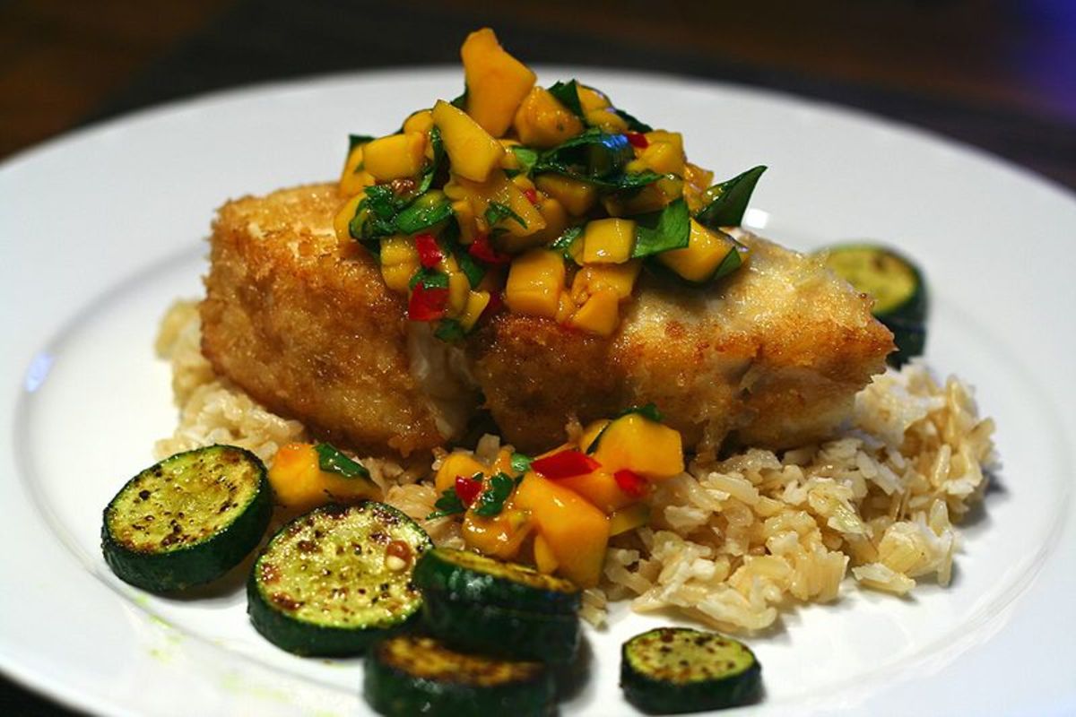 Halibut with Mango Salsa on Coconut Brown Rice http://commons.wikimedia.org/wiki/File:Halibut_with_mango_salsa_on_coconut_brown_rice_(434662467).jpg under Creative Commons Attribution License 2.0