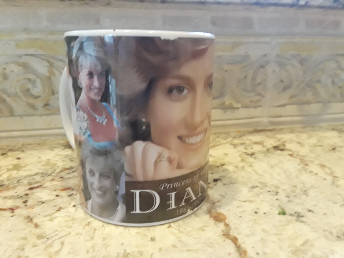 The Princess Diana mug I bought on the  trip to London, England. You can see I use it often as it is wearing a bit along the top edge.