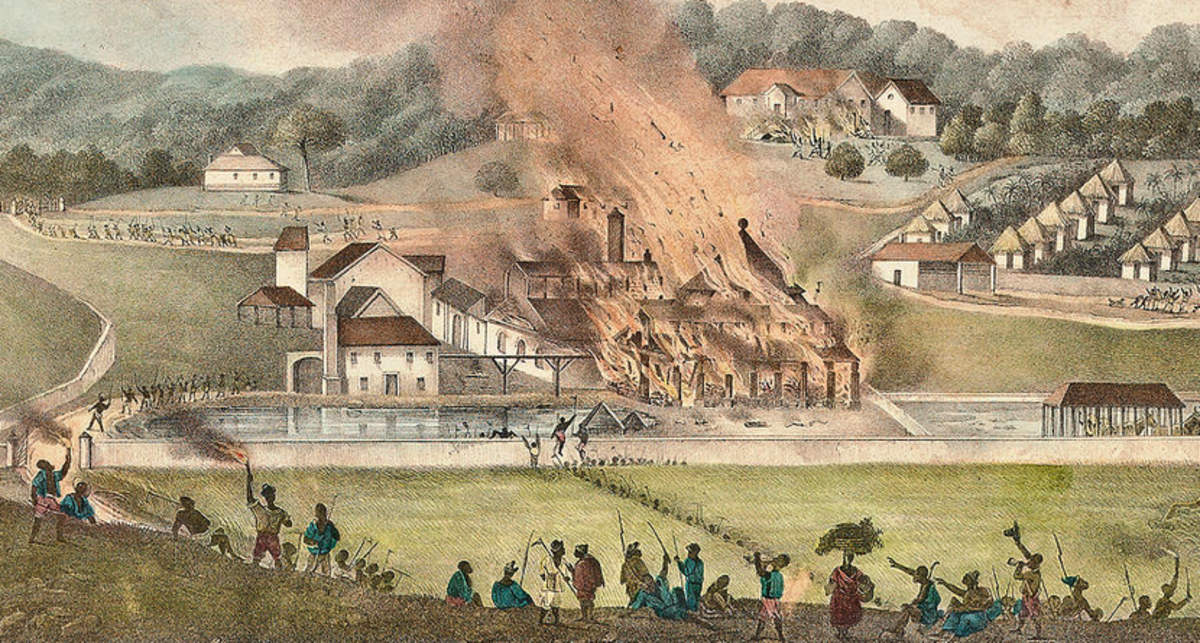 Painting depicting the burning of Roehampton Estate during the Great Jamaican Slave Revolt  in Jamaica by Adolphe Duperly 1833