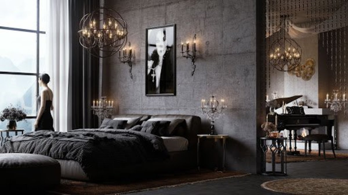 The Scorpio bedroom is dark with black or gray walls. There are candles in different silver fixtures. Use black and white photos for your walls.
