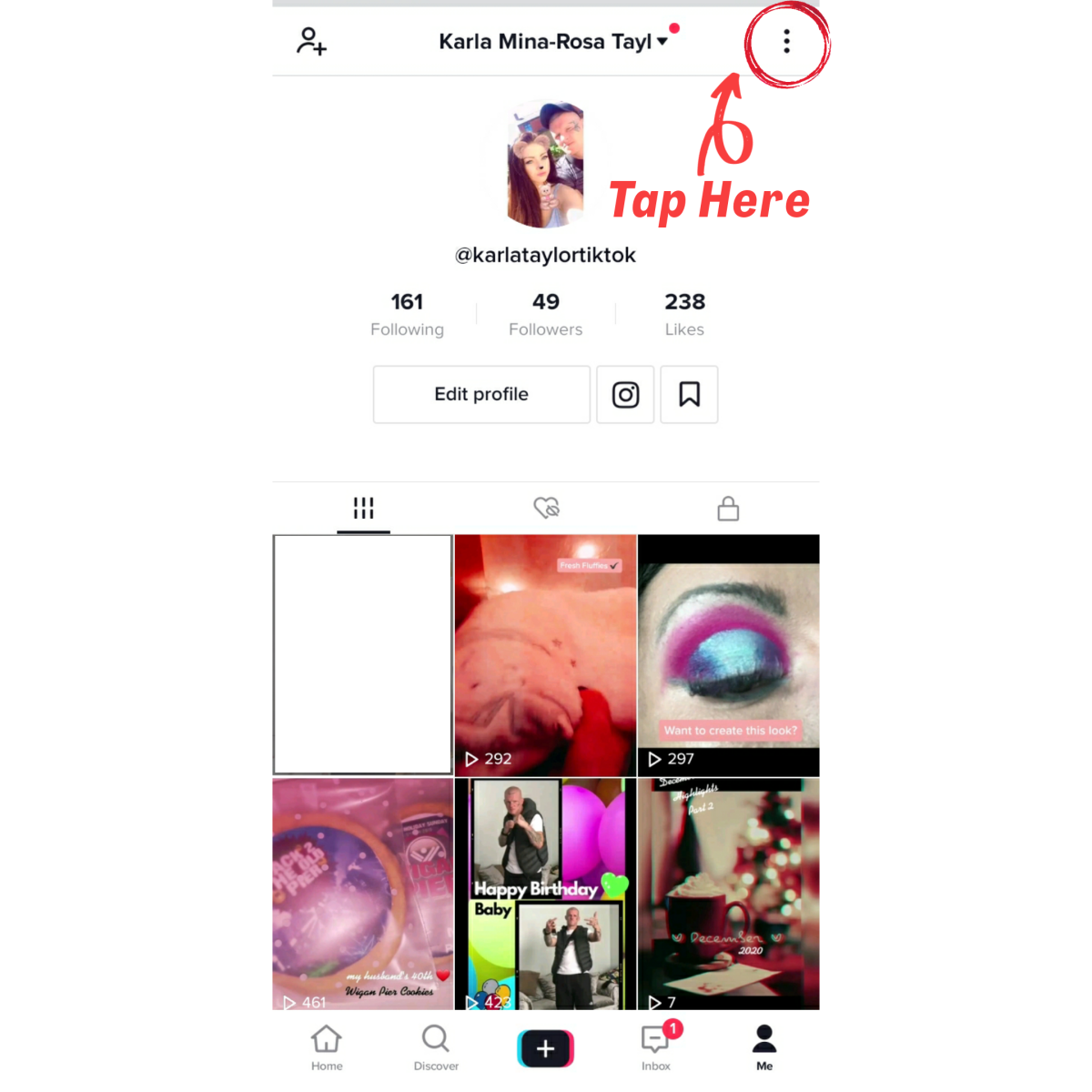 Tap the three dots in the top right corner of your Tik Tok profile page