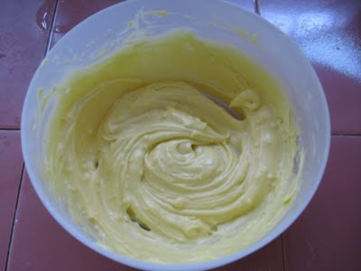 Creamy batter . I used a stainless steel fork to beat batter by hand