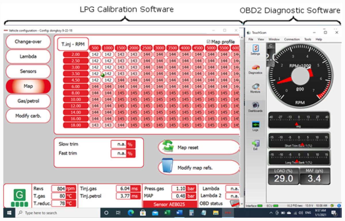 Figure 3- LPGCalibration Software and OBD2 Diagnostic Spftware in One Screen