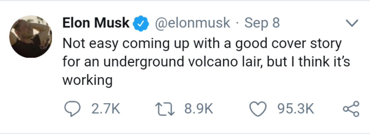 Elon Musk either very funny, or just found 100k people in support of his secret volcano layer. Either way it would still classify as hot!
