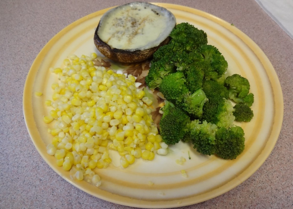 Portobello mushroom with corn and fresh broccoli makes a quick, nutritious meal.