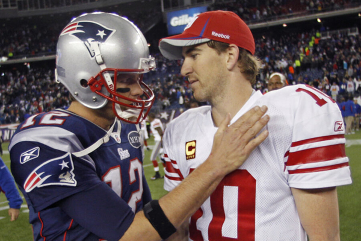 Brady congratulating Eli has he would lose two Super Bowls to him and the Giants. 