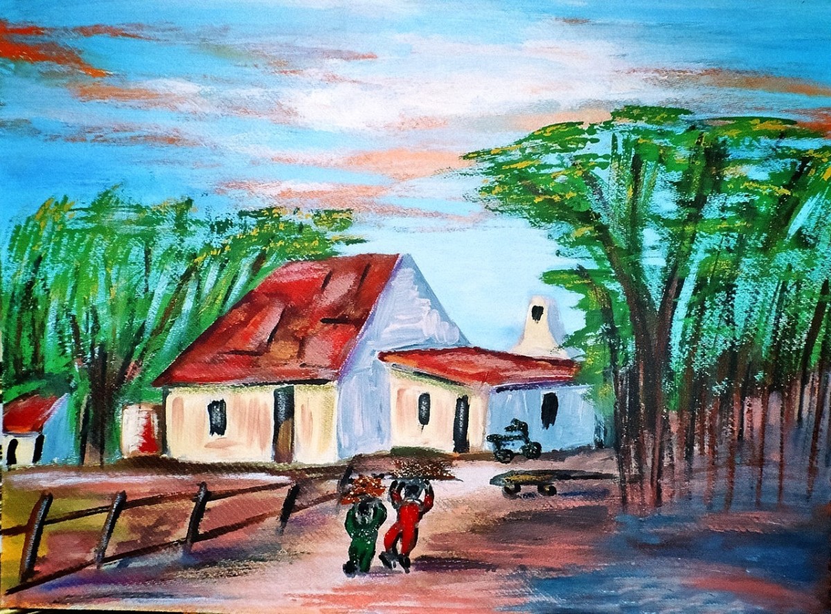 A tropical house nestled among trees with a couple walking on a sandy road carrying baskets on their heads.  Note the overall balance, tropical tints, appropriate clothing on figurines, scale and size. 